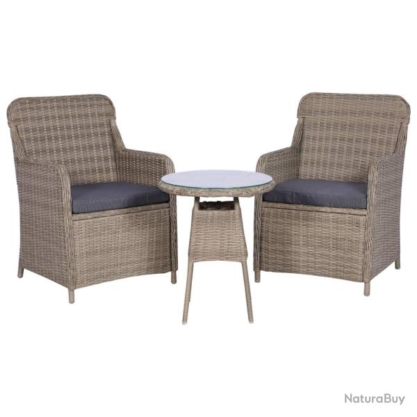 bistro 3 pcs avec coussins R�sine tress�e Marron alsavelo