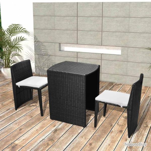 bistro 3 pcs avec coussins r�sine tress�e noir