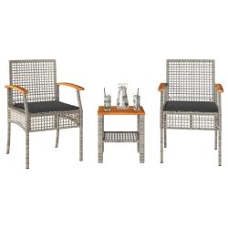bistro 3 pcs et coussins gris r&eacute;sine tress&eacute;e acacia
