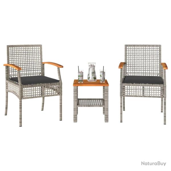 bistro 3 pcs et coussins gris r�sine tress�e acacia