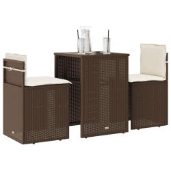 bistro 3 pcs avec coussins marron r&eacute;sine tress&eacute;e