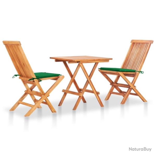 bistro 3 pcs avec coussins vert Bois de teck massif