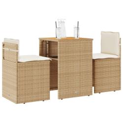 bistro 3 pcs avec coussins beige r&eacute;sine tress&eacute;e