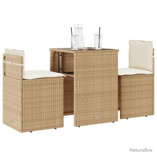 bistro 3 pcs avec coussins beige r�sine tress�e