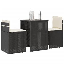 bistro 3 pcs avec coussins noir r&eacute;sine tress&eacute;e