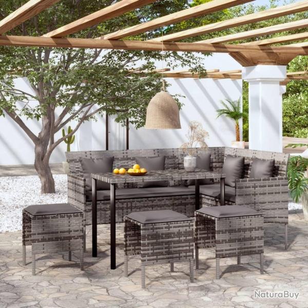 canap�s en L 5pcs avec coussins r�sine tress�e gris