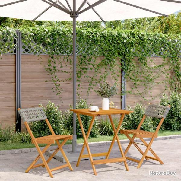 bistro 3 pcs gris r�sine tress�e et bois massif