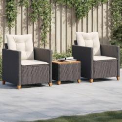 bistro 3 pcs et coussins noir r&eacute;sine tress&eacute;e acacia