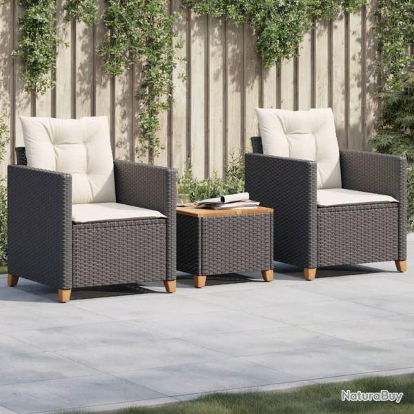 bistro 3 pcs et coussins noir r�sine tress�e acacia