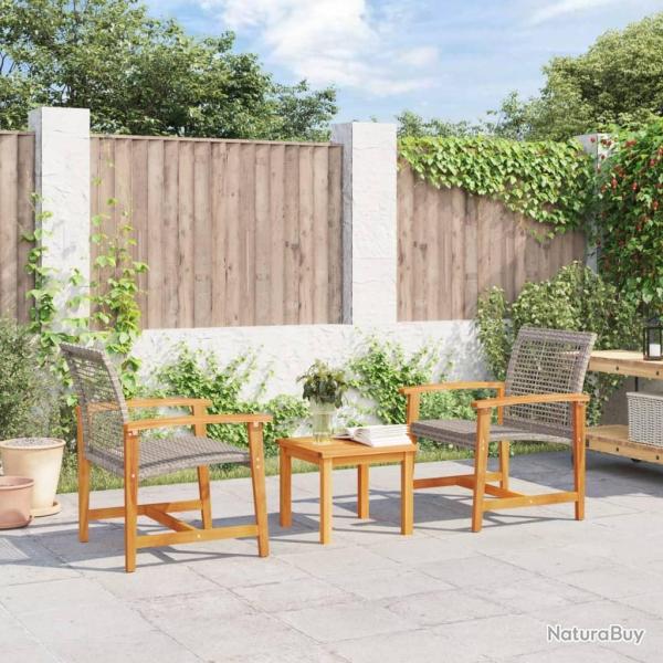 Ensemble de bistro 3 pcs gris r�sine tress�e et bois d'acacia
