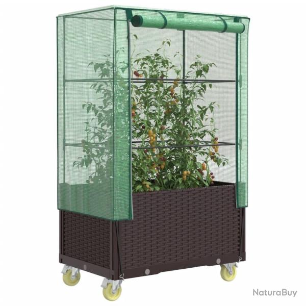 Jardini�re sur�lev�e avec housse et roues aspect rotin