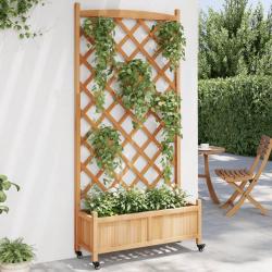 Jardini&egrave;re avec treillis et roues marron bois massif de sapin