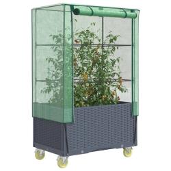 Jardini&egrave;re sur&eacute;lev&eacute;e avec housse et roues aspect rotin
