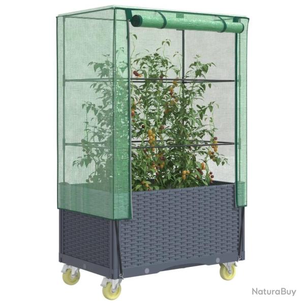 Jardini�re sur�lev�e avec housse et roues aspect rotin