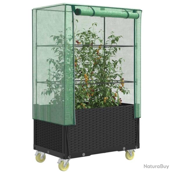 Jardini�re sur�lev�e avec housse et roues aspect rotin