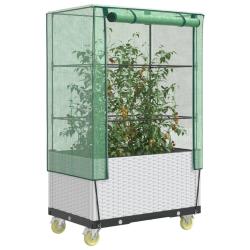 Jardini&egrave;re sur&eacute;lev&eacute;e avec housse et roues aspect rotin