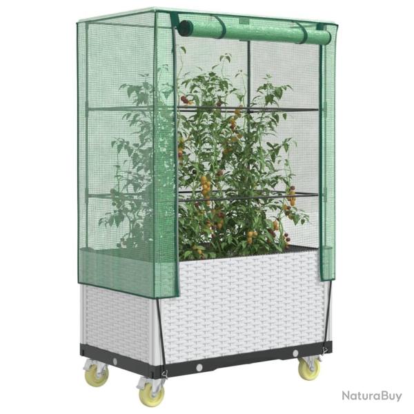 Jardini�re sur�lev�e avec housse et roues aspect rotin