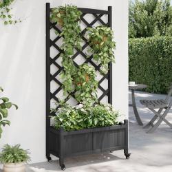 Jardini&egrave;re avec treillis et roues noir bois massif de sapin