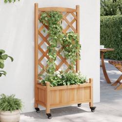 Jardini&egrave;re avec treillis et roues marron bois massif de sapin