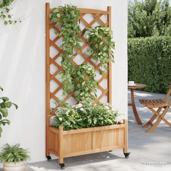 Jardinire avec treillis et roues marron bois massif de sapin alsavelo