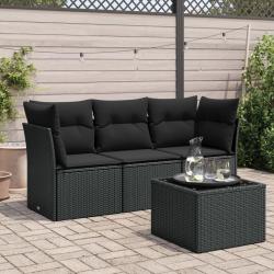 Salon de jardin 4 pcs avec coussins noir r&eacute;sine tress&eacute;e