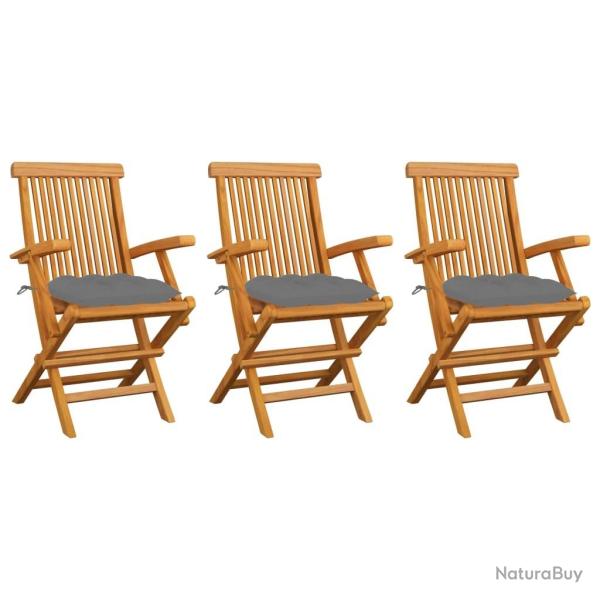Chaises de jardin avec coussins gris lot de 3 Bois teck massif
