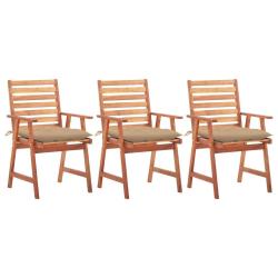 Chaises &agrave; manger d'ext&eacute;rieur lot de 3 et coussins Acacia massif