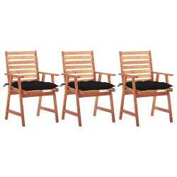 Chaises &agrave; manger d'ext&eacute;rieur lot de 3 et coussins Acacia massif