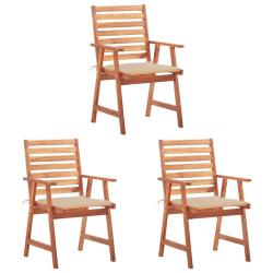 Chaises &agrave; manger d'ext&eacute;rieur lot de 3 et coussins Acacia massif