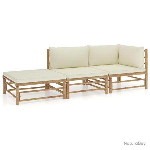 Salon de jardin 3 pcs avec coussins blanc cr�me bambou alsavelo