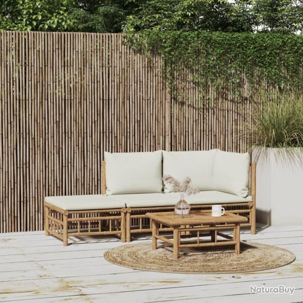 Salon de jardin 3 pcs avec coussins blanc cr�me bambou