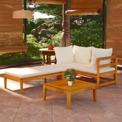 Salon de jardin 3 pcs avec coussins blanc cr&egrave;me Bois d'acacia