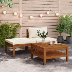 Salon de jardin 3 pcs avec coussins blanc cr&egrave;me Bois d'acacia