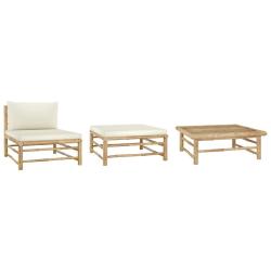 Salon de jardin 3 pcs avec coussins blanc cr&egrave;me Bambou