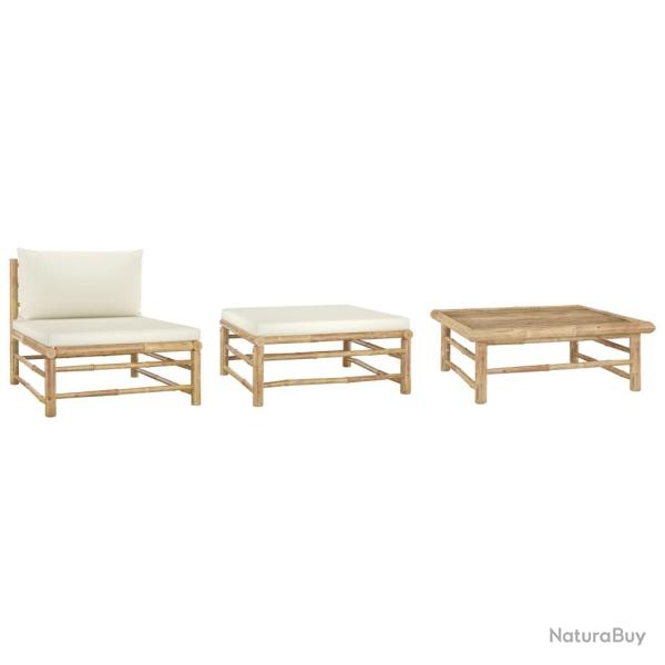 Salon de jardin 3 pcs avec coussins blanc cr�me Bambou