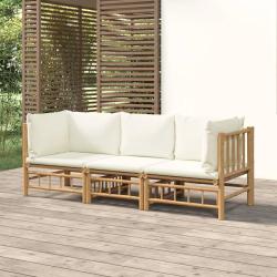 Salon de jardin 3 pcs avec coussins blanc cr&egrave;me bambou