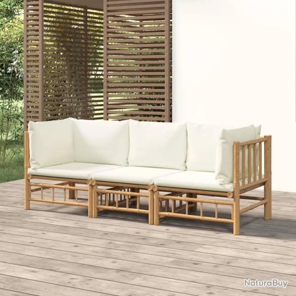 Salon de jardin 3 pcs avec coussins blanc cr�me bambou