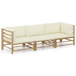 Salon de jardin 3 pcs avec coussins blanc cr&egrave;me bambou
