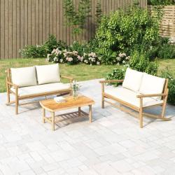 Salon de jardin 3 pcs avec coussins blanc cr&egrave;me bambou