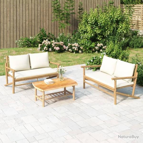 Salon de jardin 3 pcs avec coussins blanc cr�me bambou
