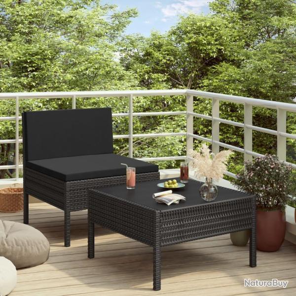 Salon de jardin 2 pcs avec coussins Rsine tresse Noir alsavelo