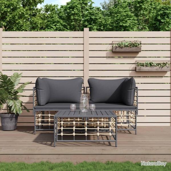 Salon de jardin 3 pcs avec coussins anthracite r�sine tress�e