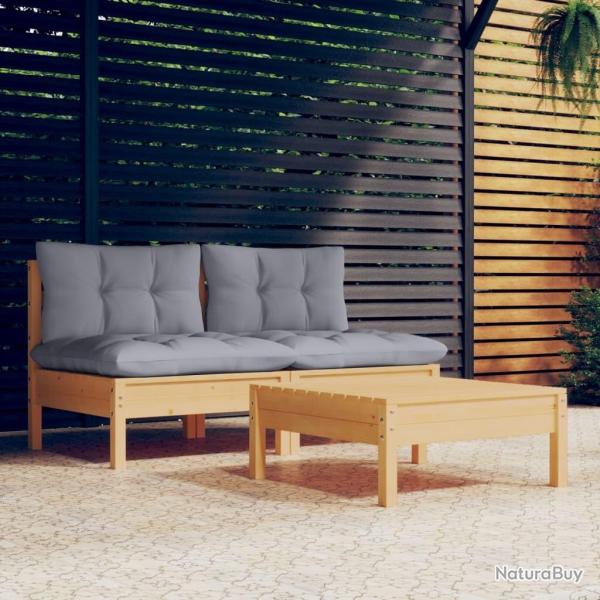 Salon de jardin 3 pcs avec coussins gris Bois de pin alsavelo