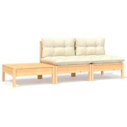 Salon de jardin 3 pcs avec coussins cr&egrave;me Bois de pin massif