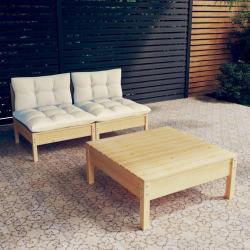 Salon de jardin 3 pcs avec coussins cr&egrave;me bois de pin