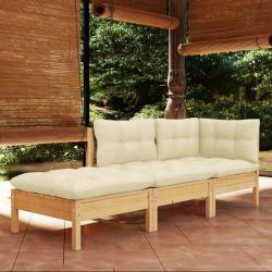 Salon de jardin 3 pcs avec coussins cr&egrave;me Bois de pin massif