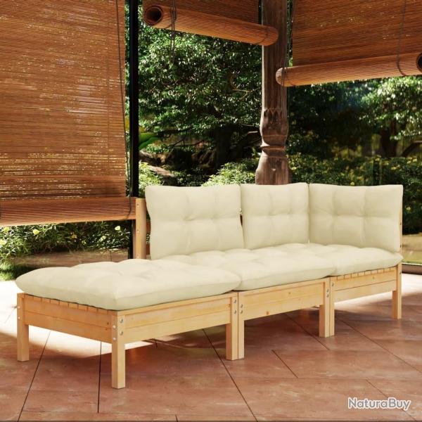 Salon de jardin 3 pcs avec coussins cr�me Bois de pin massif