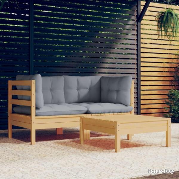 Salon de jardin 3 pcs avec coussins gris Bois de pin alsavelo