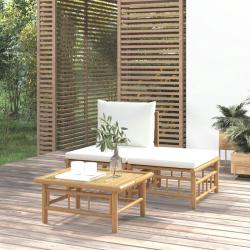 Salon de jardin 3 pcs avec coussins blanc cr&egrave;me bambou