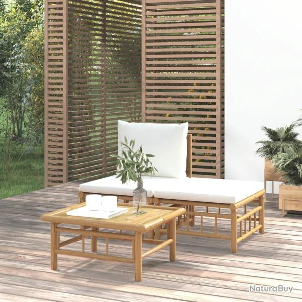 Salon de jardin 3 pcs avec coussins blanc cr�me bambou